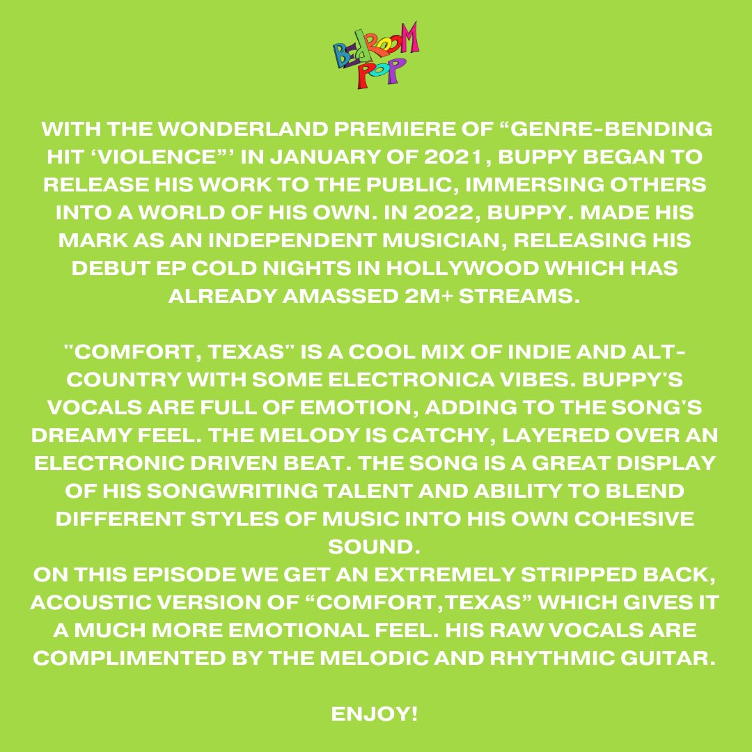 BedroomPop_'s tweet photo. This week, we have the Utah legend, @buppyfather. Buppy has a knack for authentic storytelling fused with a melodic alt left production style. On this episode he performs his latest song, ‘Comfort, Texas’ Full episode and interview drops today at 6PM EST on @youtube. https://t.co/9WbhtkfBQx