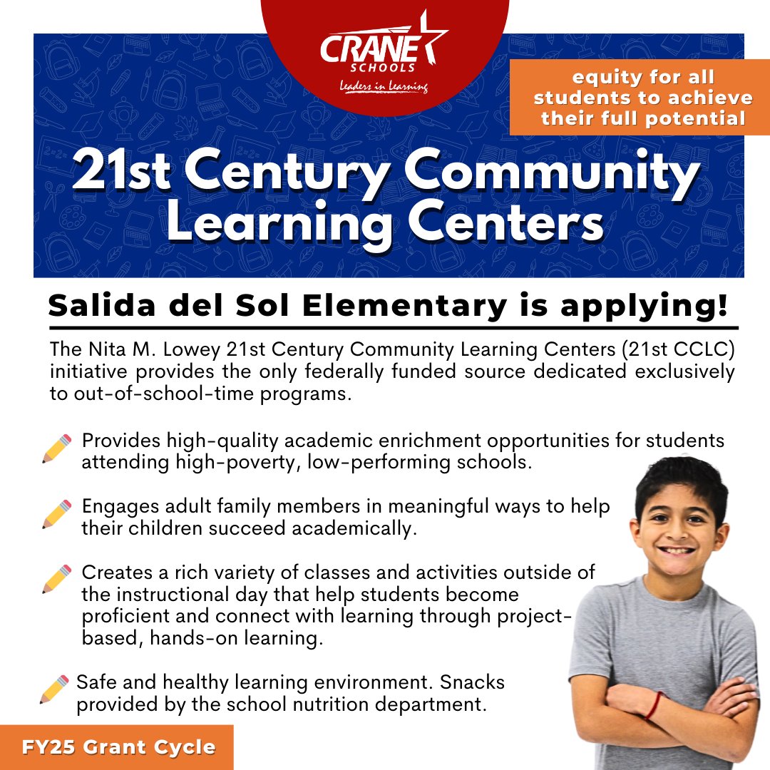 CraneSchools's tweet photo. 📌Thanks to the AZ Dept. of Education, Salida del Sol Elementary School will have the opportunity to apply for the 21st Century Community Learning Centers grant to provide rich before/afterschool &amp; summer programs for our students and families. #21CCLCGrant #WeAreCrane #WhyCrane https://t.co/JFBsoERBLl