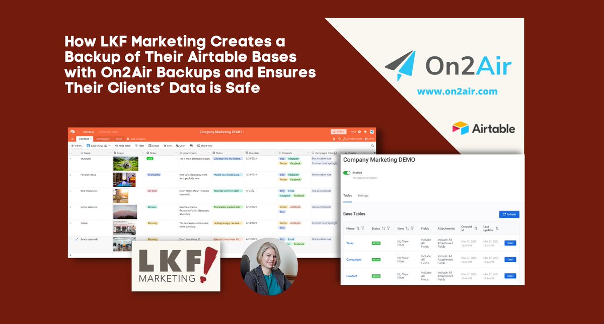 On2Air's tweet photo. 🛑 They couldn’t shake the sense of dread when they thought about something catastrophic happening to their data.

See how LKF Marketing's, Sara Ramaker, creates a backup of their Airtable bases with On2Air Backups and saves 10 hours every month!

👀https://t.co/TT80n4Wg8c https://t.co/DhxwMtLEKA