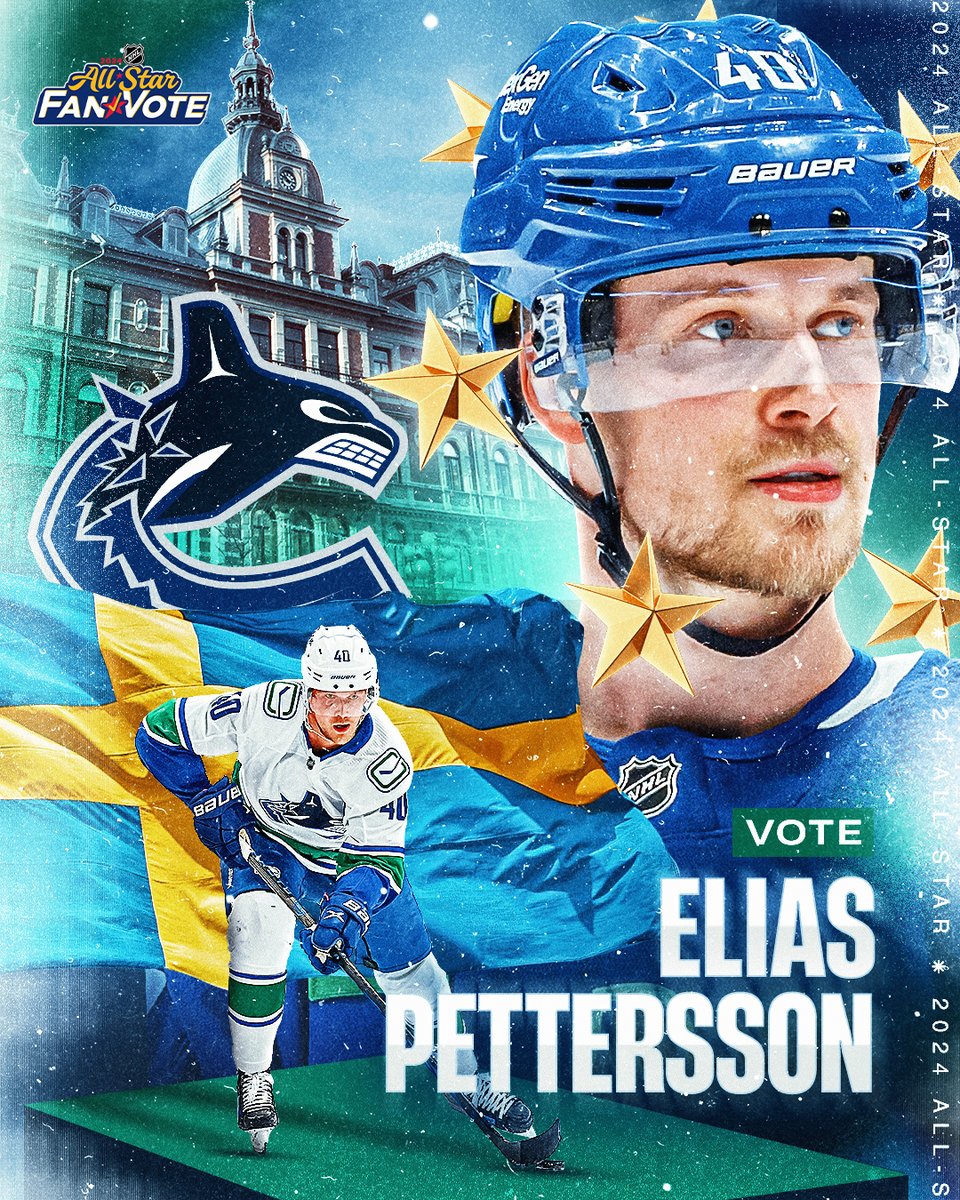 NHLsv's tweet photo. Sverige! Timrå! Ånge! 
Elias Pettersson ska till #NHLAllStar-helgen! 🌟
 
Rösta på honom genom att retweeta detta inlägg eller kommentera "Elias Pettersson - #NHLAllStarVote" 🇸🇪

@timra_ik | @Canucks | #EliasPettersson https://t.co/sIx0TeeeAG