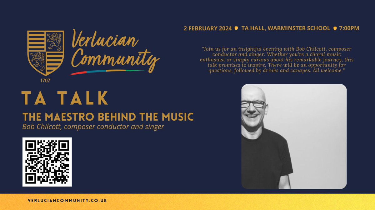 TA Talk: Bob Chilcott: The Maestro Behind the Music Join us at 7pm on Friday 2nd February in The TA Hall for an insightful evening with Bob Chilcott, composer conductor and singer! Tickets via verluciancommunity.co.uk #communityofopportunity