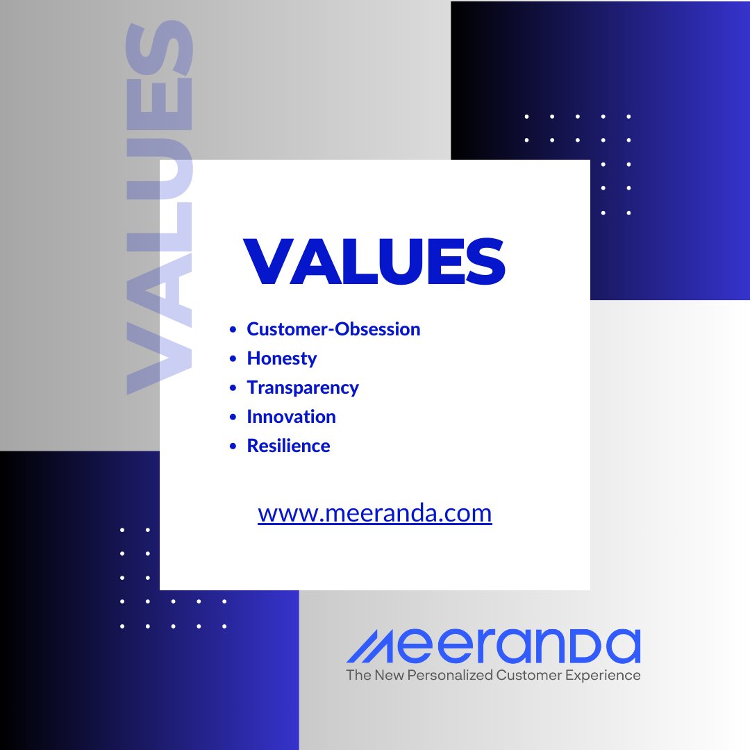 HelloMeeranda's tweet photo. At Meeranda, our Values are the Heartbeat of Everything that we Are.

Visit us at : https://t.co/II7Gnfu6Yk

#AI #CustomerExperience #HumanLikeAI https://t.co/w21Y0LKLuz