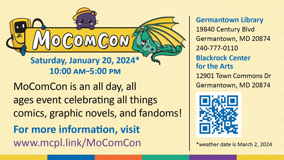 MontgomeryCoMD's tweet photo. 🎉📚 Get your geek on at #MoComCon, @MCPL_Libraries' free comic con extravaganza on Jan 20! Unleash your fandom with cosplay, workshops, &amp; panels. Plus, don't miss the unique BAM! event celebrating Black and Latino cultures in pop culture. More info: https://t.co/5HJQ3oGIt7 https://t.co/oYBTdsa4Eo