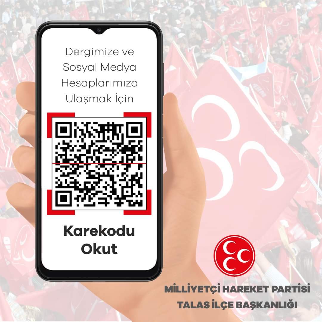 Talas İlçe Teşkilatı olarak, dergimize ve sosyal medya hesaplarımıza ulaşmak için QR kodunu kullanıyoruz. Kodu tarayarak teşkilat dergisine ve diğer içeriklere anında erişebilirsiniz. Sosyal medyada güncel haberleri takip edin, etkinliklere katılın ve bizimle etkileşimde bulunun.