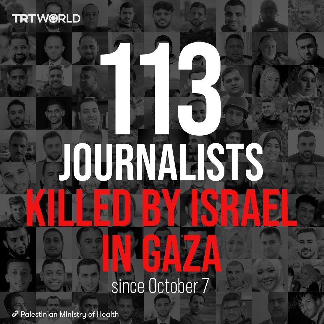 trtworld's tweet photo. 112 journalists…

…and just as we were preparing the news for January 10, Working Journalists’ Day, yet another Palestinian journalist was killed by an Israeli strike, bringing the number of journalists killed in Gaza since October 7 to 113, as far as we could verify https://t.co/uPn67xEUoV