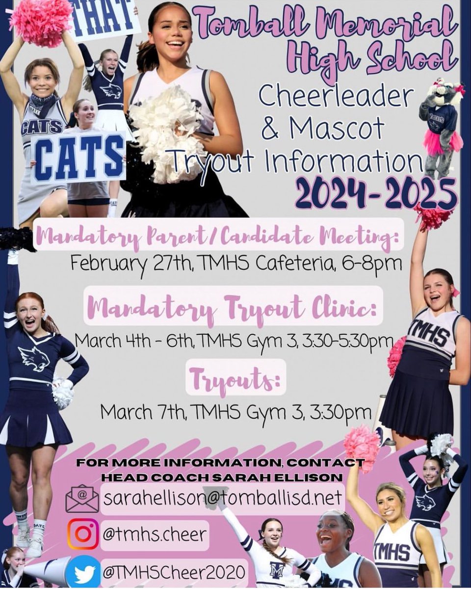 TMHSCheer2020's tweet photo. Don’t forget to save the date for the TMHS cheer and mascot tryouts for 2024-2025! #newseason #newgoals #newprocess #tmhscheer https://t.co/CZ2FQToZ9Z