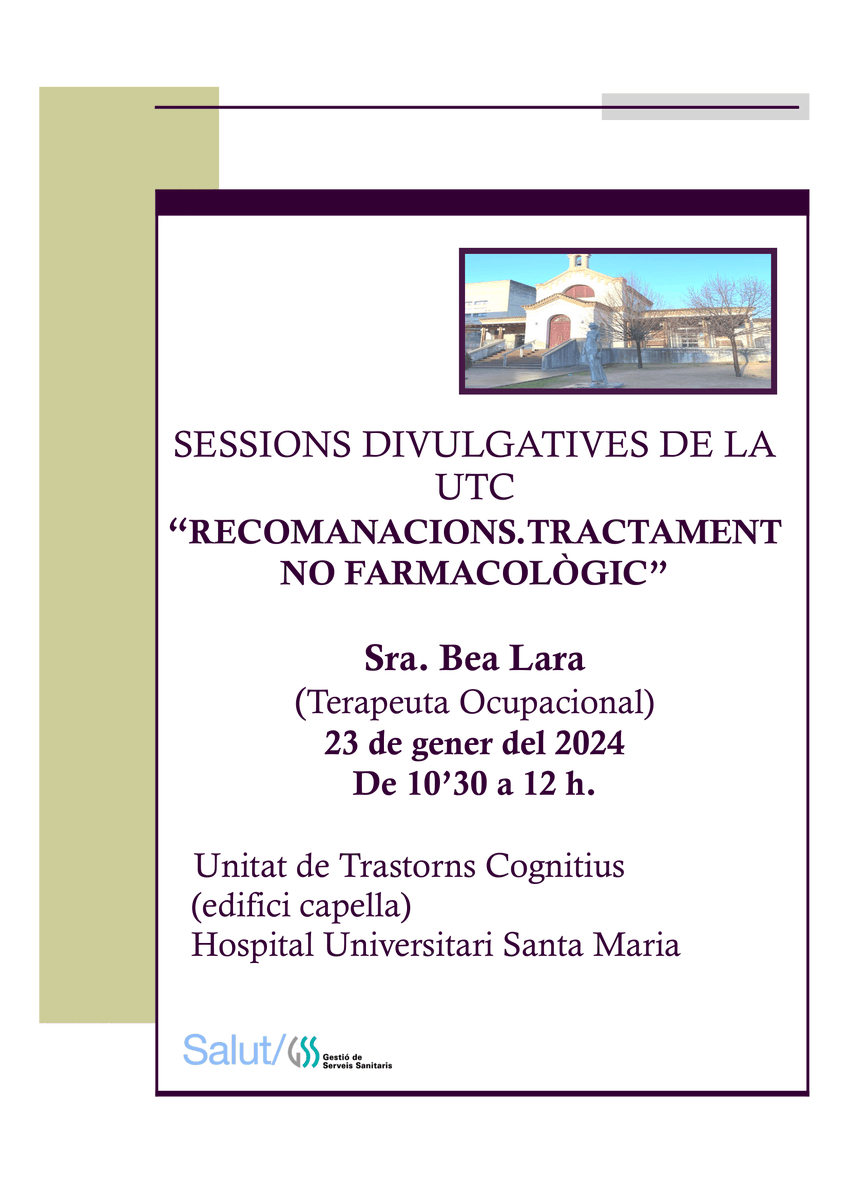 Hospital Universitari Santa Maria (@gss_lleida) on Twitter photo Nova sessió divulgativa de la Unitat de Trastorns Cognitius (UTC) de <a href="/GSS_Lleida/">Hospital Universitari Santa Maria</a>!
👉 "Recomanacions. Tractament no farmacològic"
👩 Sra. Bea Lara
🗓️ 23 de gener de 10.30 a 12 h.
📍 Sala de la Capella UT Nova sessió divulgativa de la Unitat de Trastorns Cognitius (UTC) de <a href="/GSS_Lleida/">Hospital Universitari Santa Maria</a>!
👉 "Recomanacions. Tractament no farmacològic"
👩 Sra. Bea Lara
🗓️ 23 de gener de 10.30 a 12 h.
📍 Sala de la Capella UT