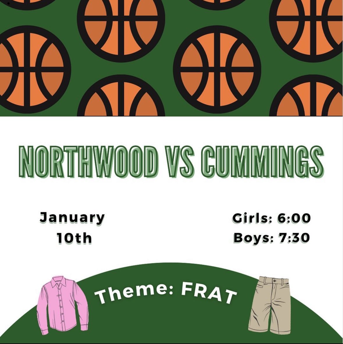 GAMEDAY vs Cummings!!! Let’s show out for our chargers🐎

Theme: Frat👕

🗓️ January 10th
⏰ Girls at 6:00 Boys at 7:30
📍 Northwood Gym 

Free admission for all nuthouse members with their student ID’s!!!

#ALLN
