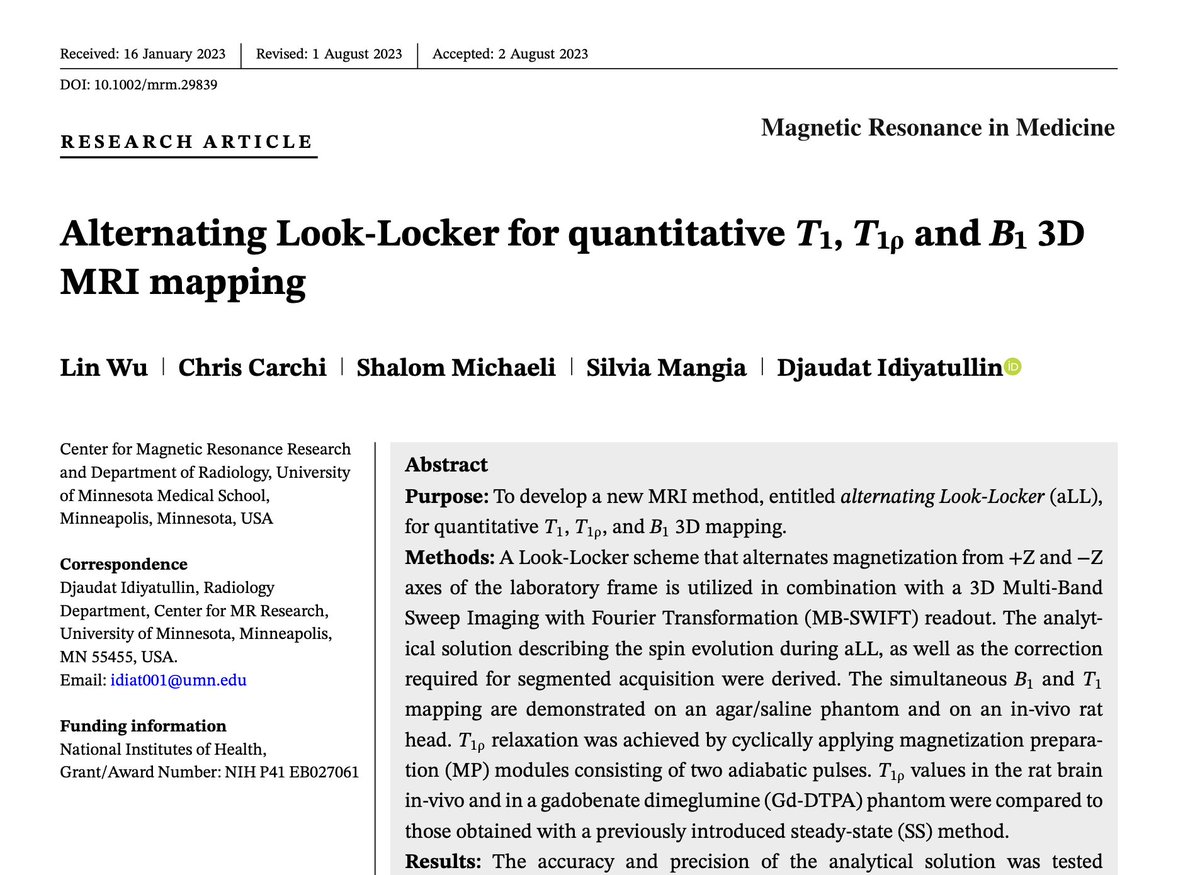 January MRM Editor's Pick #2: 'Alternating Look-Locker for quantitative T1, T1ρ and B1 3D MRI mapping', by Lin Wu et al. at @UMN_CMRR. onlinelibrary.wiley.com/doi/10.1002/mr…