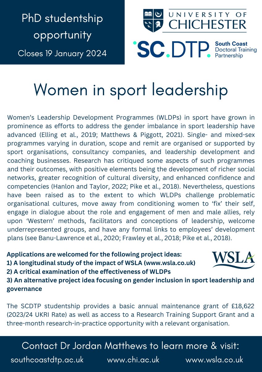 Dr Jordan Matthews (@drjordmatthews) on Twitter photo Just over a week to apply for a PhD studentship opportunity focused on Women in Sport Leadership at <a href="/chiuni/">University of Chichester</a> ! Chance to analyse <a href="/WSLA_UK/">WSLA (Women's Sport Leadership Academy)</a> , similar programmes, or put your own spin on the topic. Learn more at <a href="/SouthCoastDTP/">South Coast DTP</a> & contact me for details Just over a week to apply for a PhD studentship opportunity focused on Women in Sport Leadership at <a href="/chiuni/">University of Chichester</a> ! Chance to analyse <a href="/WSLA_UK/">WSLA (Women's Sport Leadership Academy)</a> , similar programmes, or put your own spin on the topic. Learn more at <a href="/SouthCoastDTP/">South Coast DTP</a> & contact me for details