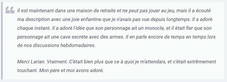 JVCom's tweet image. Larian a rendu un hommage touchant au papa d'un joueur, atteint d'Alzheimer.

Ils attendaient beaucoup Baldur's Gate 3 à l'époque de l'early access, afin d'y jouer ensemble.

Larian a contacté le fils : un personnage entier a été écrit en hommage à son papa. 😭❤
