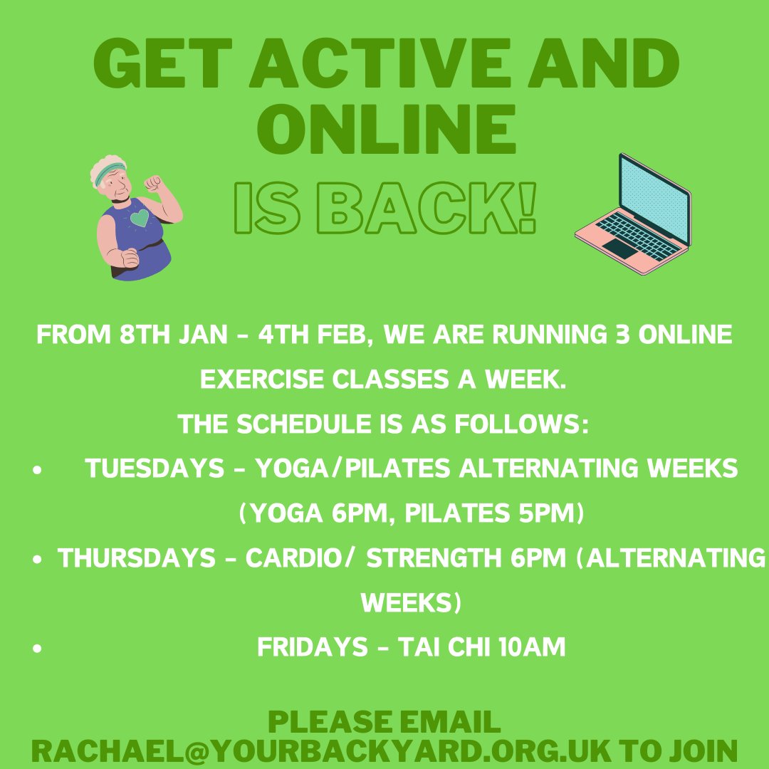 Get Active and Online is back!

Please email rachael@yourbackyard.org.uk to join. We'd love to have you!💚

@LeedsOPF @Ageing_Better @AgeFriendlyLDS @AgeUKLeeds