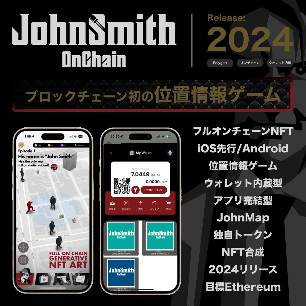 chun_onchain's tweet image. 今年中にリリースをします📱
🔥JohnSmithOnChain🔥
ブロックチェーン位置情報ゲーム🗺️
ウォレット内蔵型でアプリ内で全て完結🗯️
目標はゆくゆくEthereumフルオンチェーンNFTを発行して、日本発のブルーチップを目指す。
#JSOC