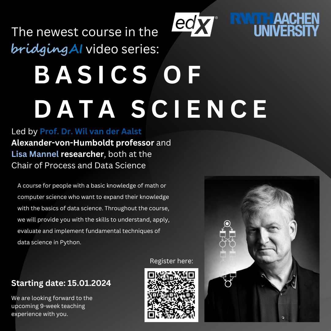 Would you like to expand your knowledge of #datascience and learn about the theoretical background? Then join the latest #RWTHx course on @edXOnline in the #BridgingAI series: 'Basics of Data Science' with #RWTH Professor Wil van der Aalst @wvdaalst: ➡️edx.org/learn/data-sci…