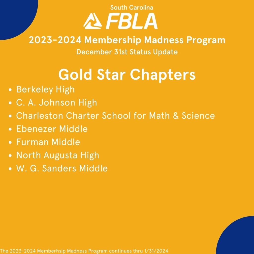 SC_FBLA's tweet image. December 31st #MembershipMadness Update! @sc_fbla @fbla_national #BranchOut #TogetherWeAcheive