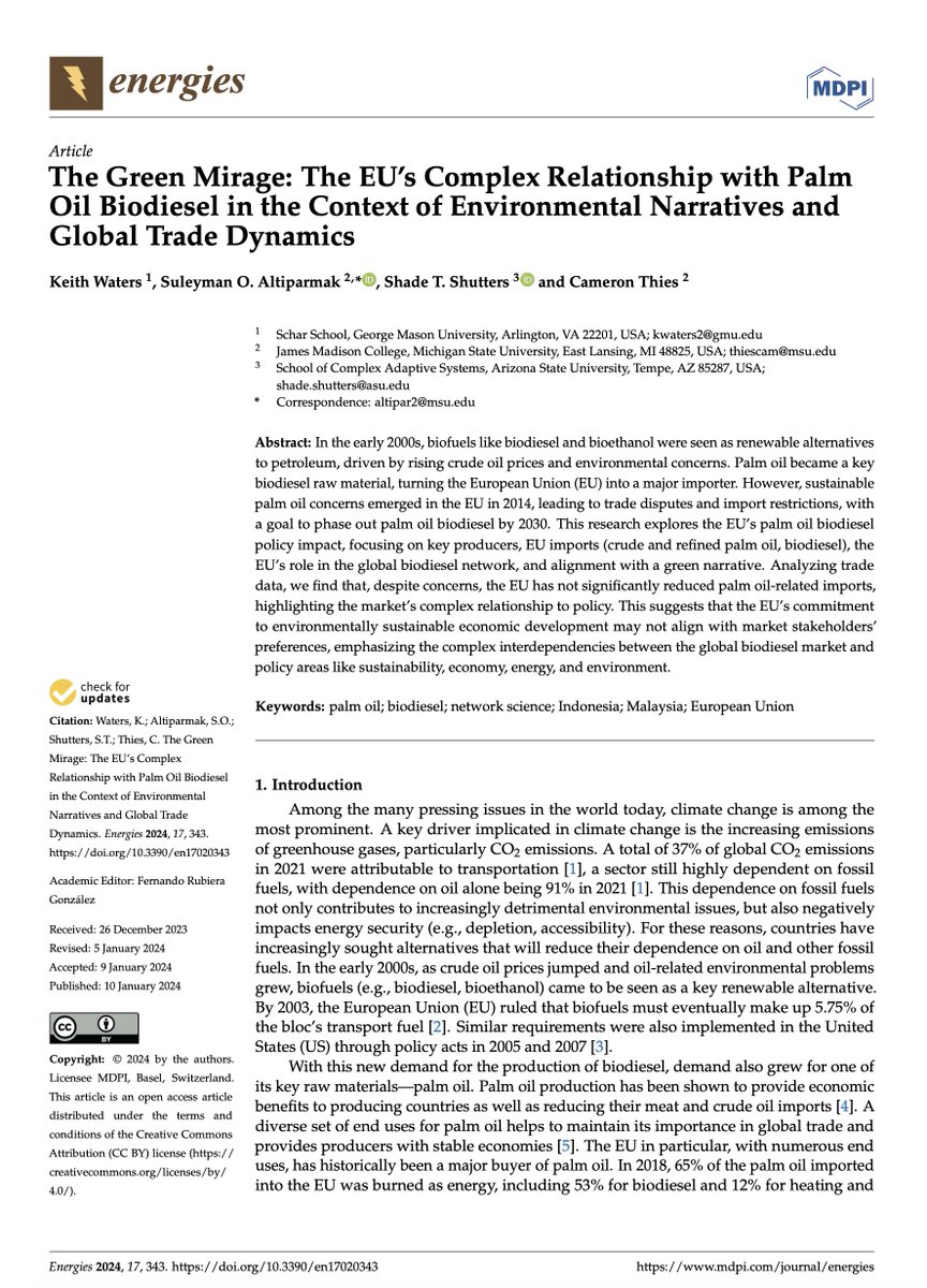 Süleyman Orhun Altıparmak (@suleymanorhun) on Twitter photo The Green Mirage: The EU’s Complex Relationship with Palm Oil Biodiesel in the Context of Environmental Narratives and Global Trade Dynamics <a href="/kwaters126/">Keith Waters</a> <a href="/Dr_Shutters/">Shade T. Shutters</a> <a href="/CameronThies/">Cameron Thies</a>
mdpi.com/1996-1073/17/2… The Green Mirage: The EU’s Complex Relationship with Palm Oil Biodiesel in the Context of Environmental Narratives and Global Trade Dynamics <a href="/kwaters126/">Keith Waters</a> <a href="/Dr_Shutters/">Shade T. Shutters</a> <a href="/CameronThies/">Cameron Thies</a>
mdpi.com/1996-1073/17/2…