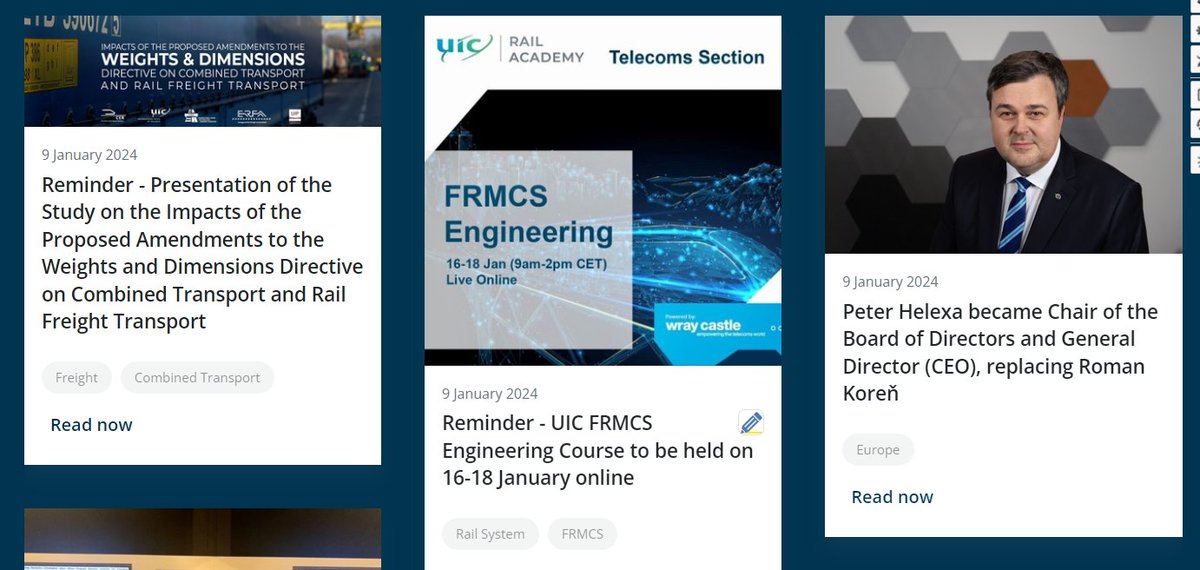 Please find the UIC eNews articles on the presentation of the Study on the Impacts of the Proposed Amendments to the Weights &amp; Dimensions Directive on CT, the UIC FRMCS Engineering Course, the appointment of Peter Helexa as DG for ZSSK.
uic.org/com/enews/