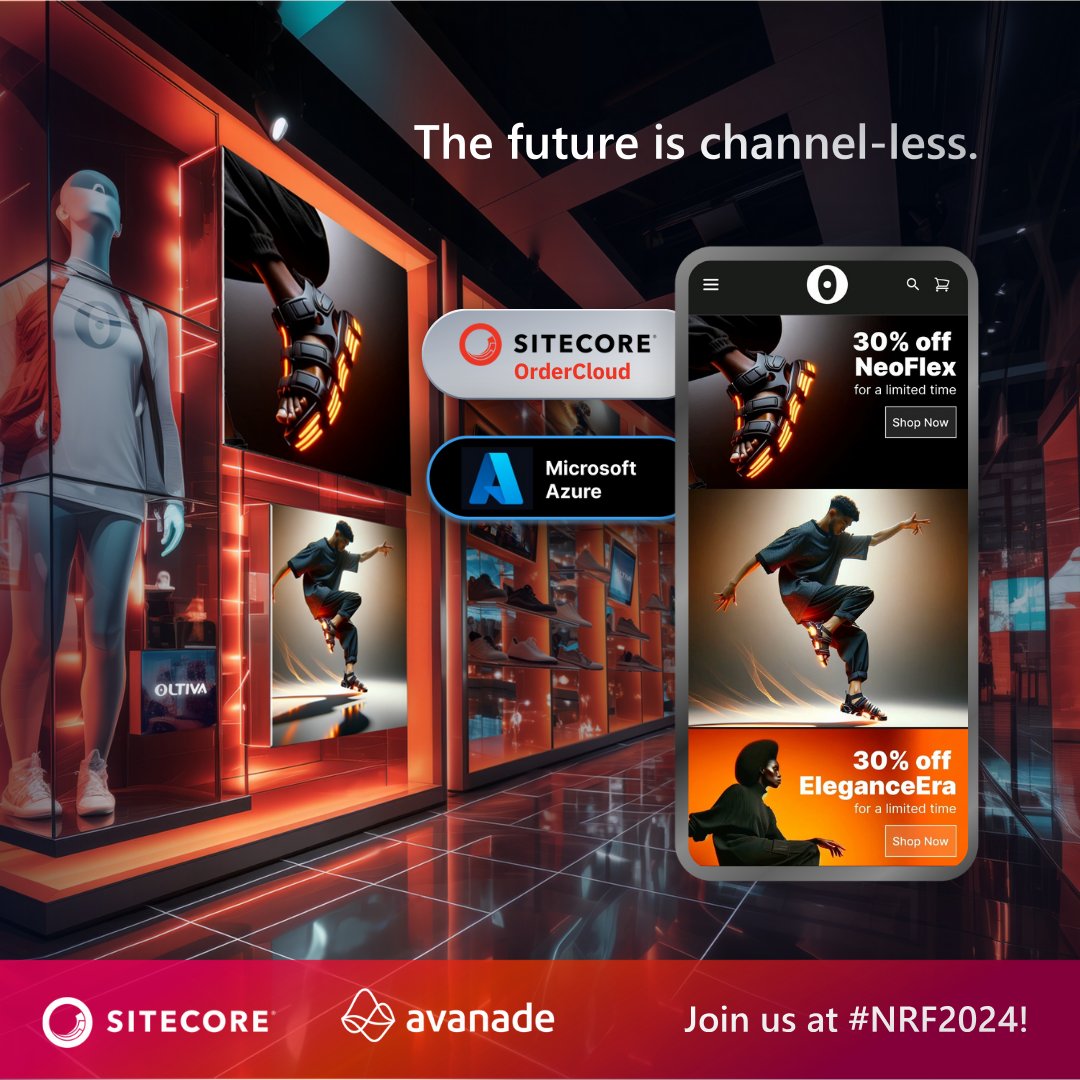 Sitecore's tweet photo. Feast your eyes on a snapshot of our partner @Avanade's gorgeous #NRF2024 demo! 🤩 Join the team at stand 4A1 to see the future of intelligent channel-less commerce and AI brand management. Hint hint: Look out for some Sitecore action.😉
 
#Sitecore #RetailTech #AI #Commerce https://t.co/K6d4a1iR7H