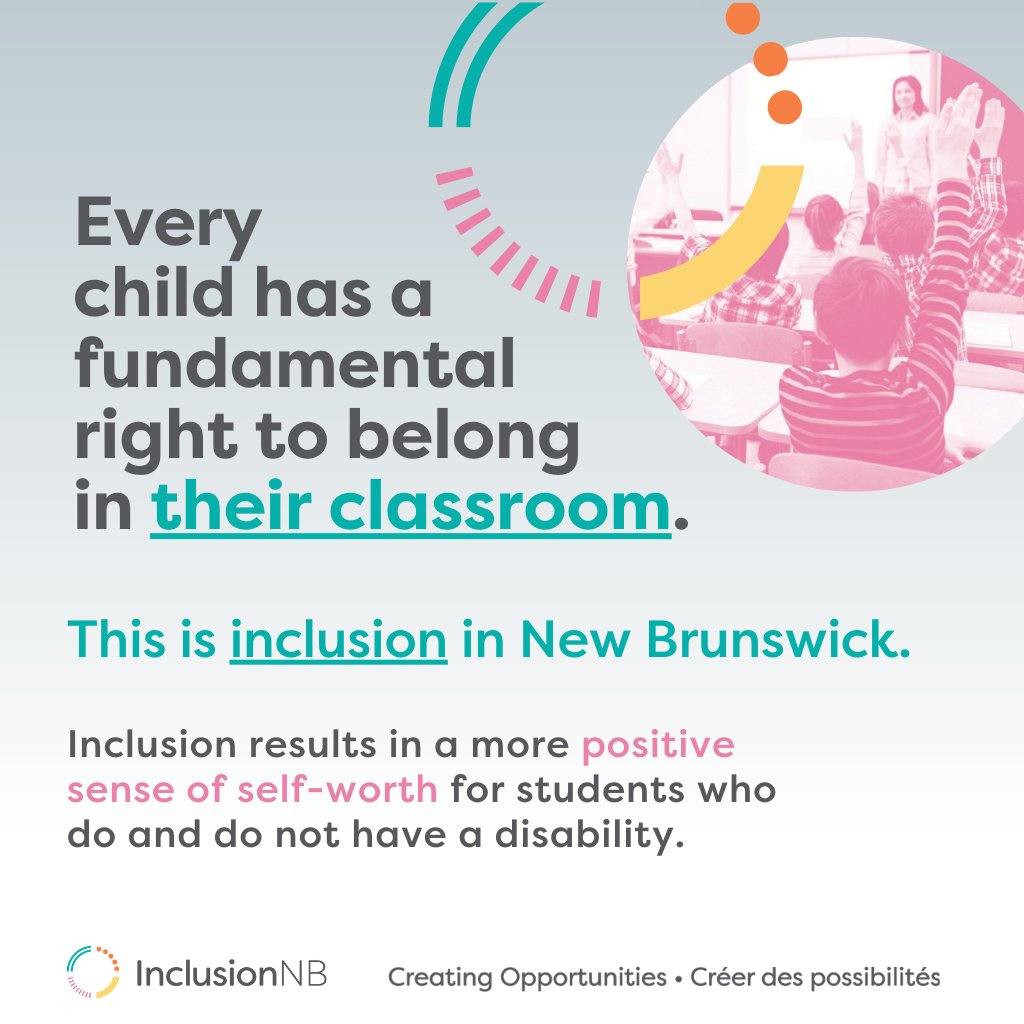 InclusionNB's tweet photo. Every child has a fundamental right to belong in their classroom. 

This is inclusion in New Brunswick. 

Inclusion results in a more positive sense of self-worth for students who do and do not have a disability. 🏫🎒🤝 https://t.co/LU9m79OMz0