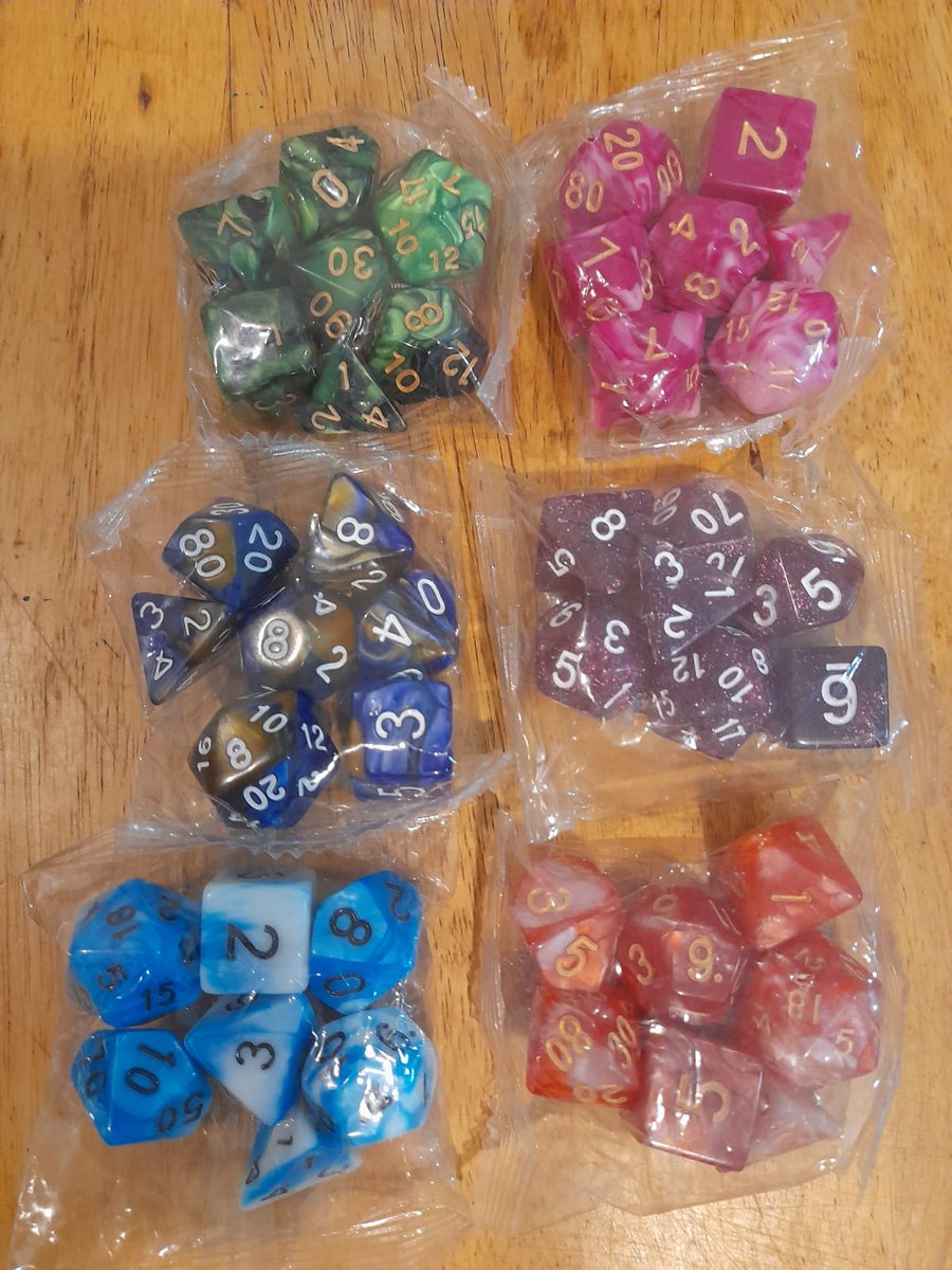 Got a new group starting tomorrow. All new players and they were able to choose dice. Which are in, #dnd5e session 0 is tomorrow, I'm excited! #ttrpgcommunity