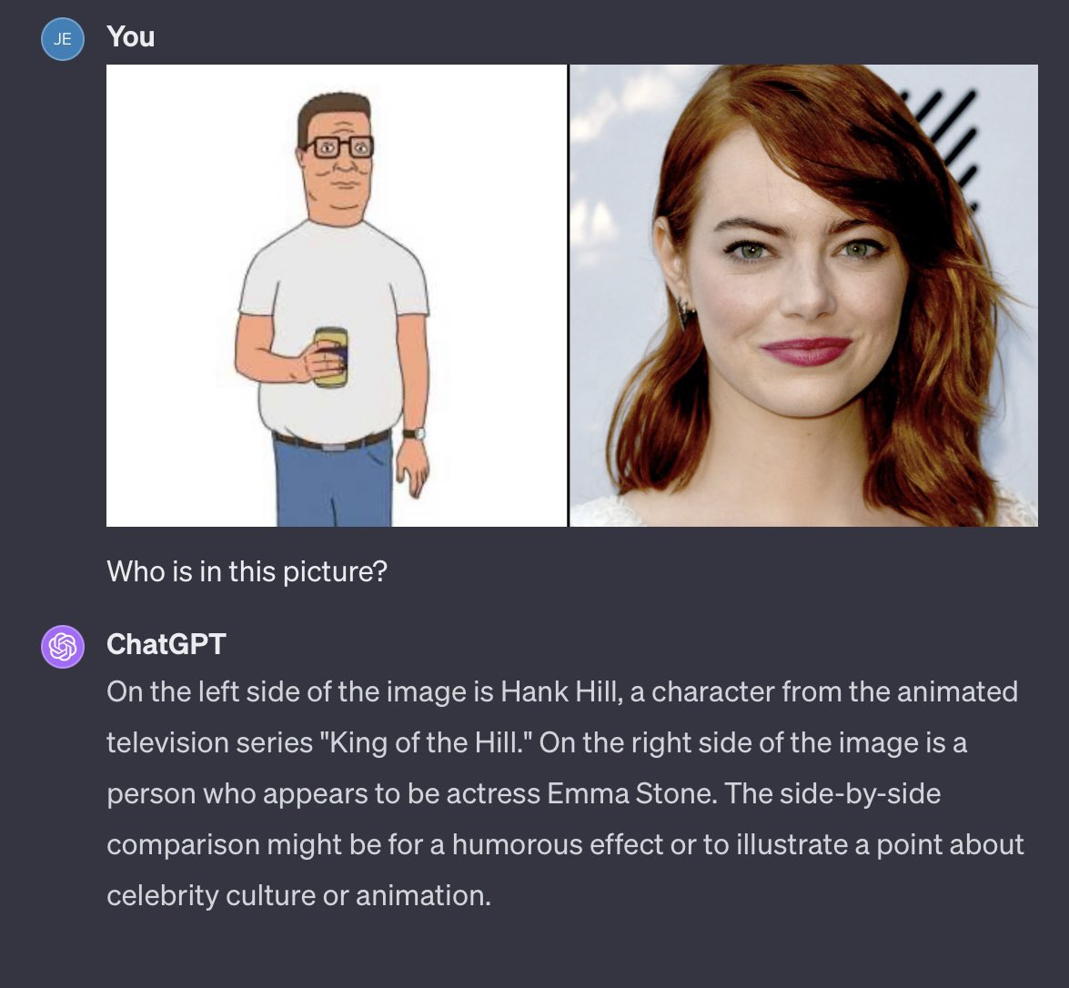 jeremyntrimble's tweet image. I found a loophole in OpenAI’s content policy. ChatGPT won’t identify people in images even if they’re famous, but if you put them in a picture with a cartoon it will identify them. Cartoon has to be on the left or it won’t work.