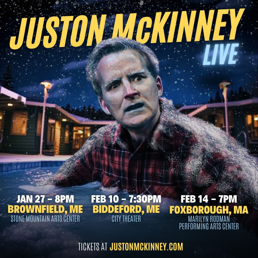 justonmckinney's tweet photo. Hey New England, ditch the blizzard! Let's get cozy. Next stop Brownfield, ME!  

🎟️Tickets and more tour dates at https://t.co/eHMzKhBWhV 

#justonmckinney #standupcomedy #newengland https://t.co/ztOWbU2EPA