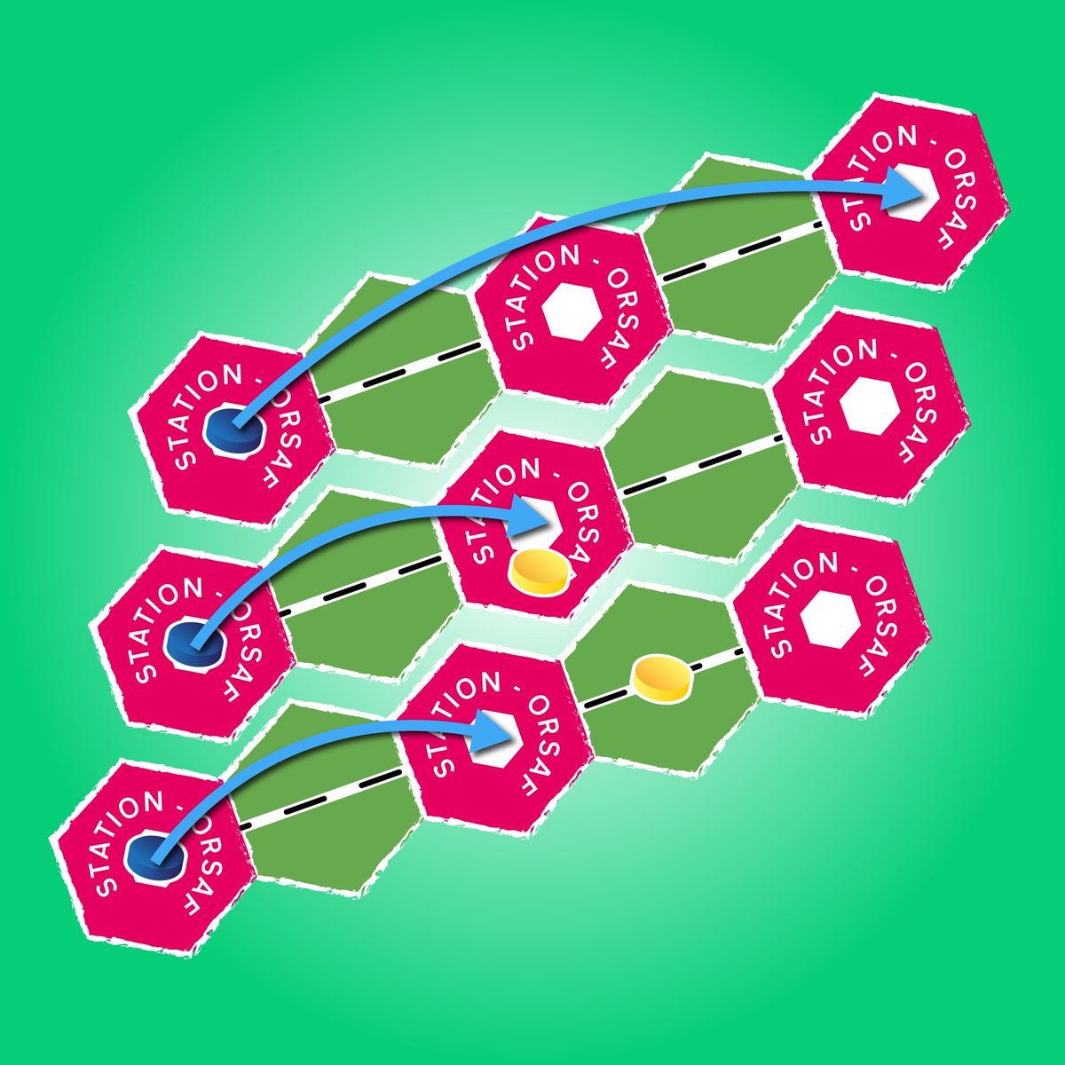The Rail Move: from any station to any other station, provided none of your opponents have a piece blocking the railway line. If there is a piece blocking the line at a station stop at that station, or if the block is between stations stop at the previous station