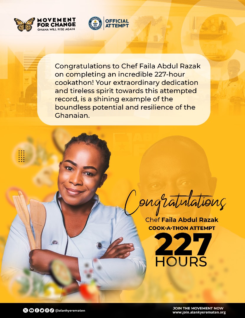 AlanKyerematen's tweet photo. Congratulations to Chef Faila Abdul Razak @FailaAbdulRazak   on completing an incredible 227-hour cookathon! Your extraordinary dedication and tireless spirit towards this attempted record is a shining example of the boundless potential and resilience of the Ghanaian. 

Your journey has been a testament to courage, determination, and the relentless pursuit of excellence. Faila, you have inspired us all to dream bigger, work harder, and reach for greatness in our own lives. 

With the right leadership, the Ghanaian will be unbeatable in every sphere of life.

#ghanawillriseagain
#MovementForChange
#cookathonbyfaila
#failacookathon
#guinnessworldrecords