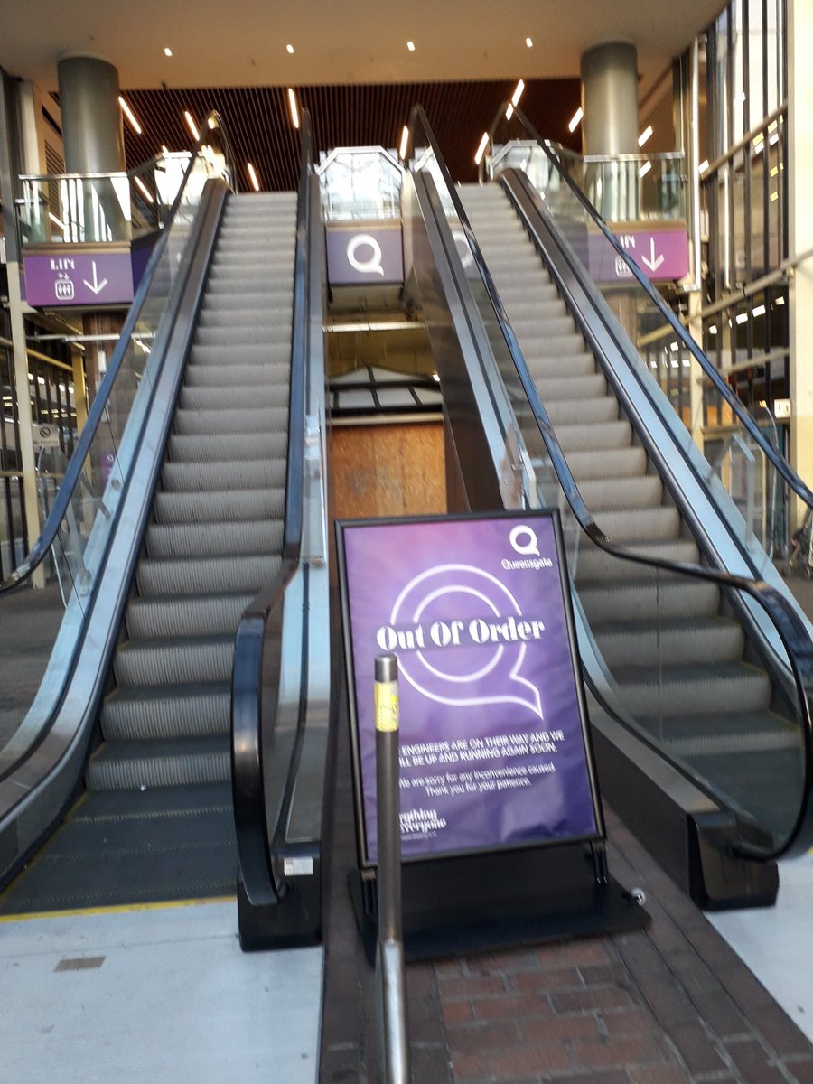 The 'Out of Order' sign on the bus station escalator has been up so long it has lost its protective screen and has developed a pronounced lean. Maybe it needs an out of order sign of its own! #SortItOut @PeterboroughCC