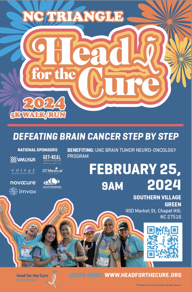 UNCneurosurgery's tweet photo. Register for the 2024 #NCTriangle @HeadfortheCure 5k on 2/25 to support #BrainCancer survivors & research. Money raised directly benefits the #BrainTumor program @UNC_Health_Care.
Join @yasmeenrauf's team "Beat GBM"--> https://t.co/jgfvwzjWpW https://t.co/kVqT69bJ0K