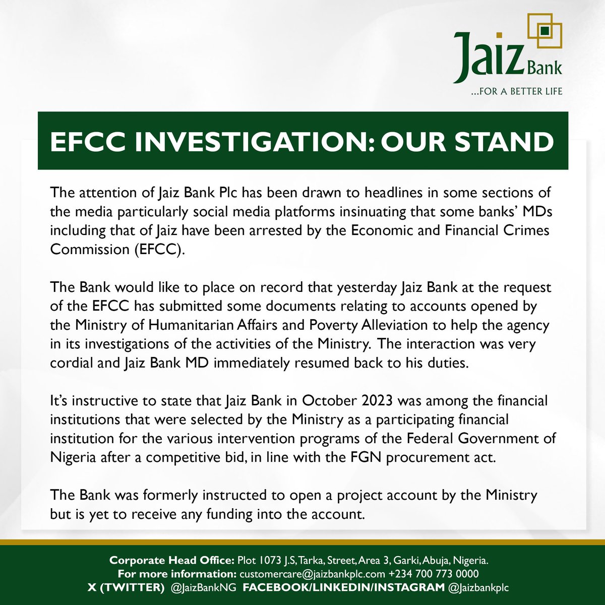 JaizBankNG's tweet photo. JAIZ BANK CLARIFIES: MD/CEO was never arrested by the EFCC. https://t.co/khJ2N5yVzm