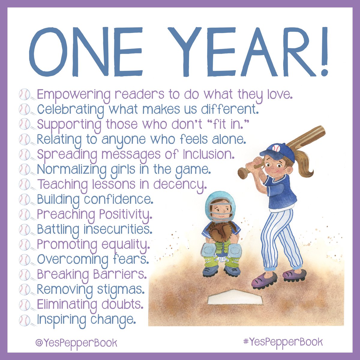 YesPepperBook's tweet photo. 𝙔𝙀𝙎 𝙋𝙀𝙋𝙋𝙀𝙍 was released 1 year ago today! Thank you to everyone who has supported this empowering and inclusive story so far! #YesPepperBook 👧⚾️ https://t.co/AVelbLLj6t