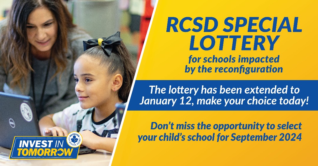 Reminder! The Special Lottery for schools impacted by the reconfiguration was extended to this Friday. Make your selections today via Parent Portal. If you need access, please contact your child's school. #ONERCSD