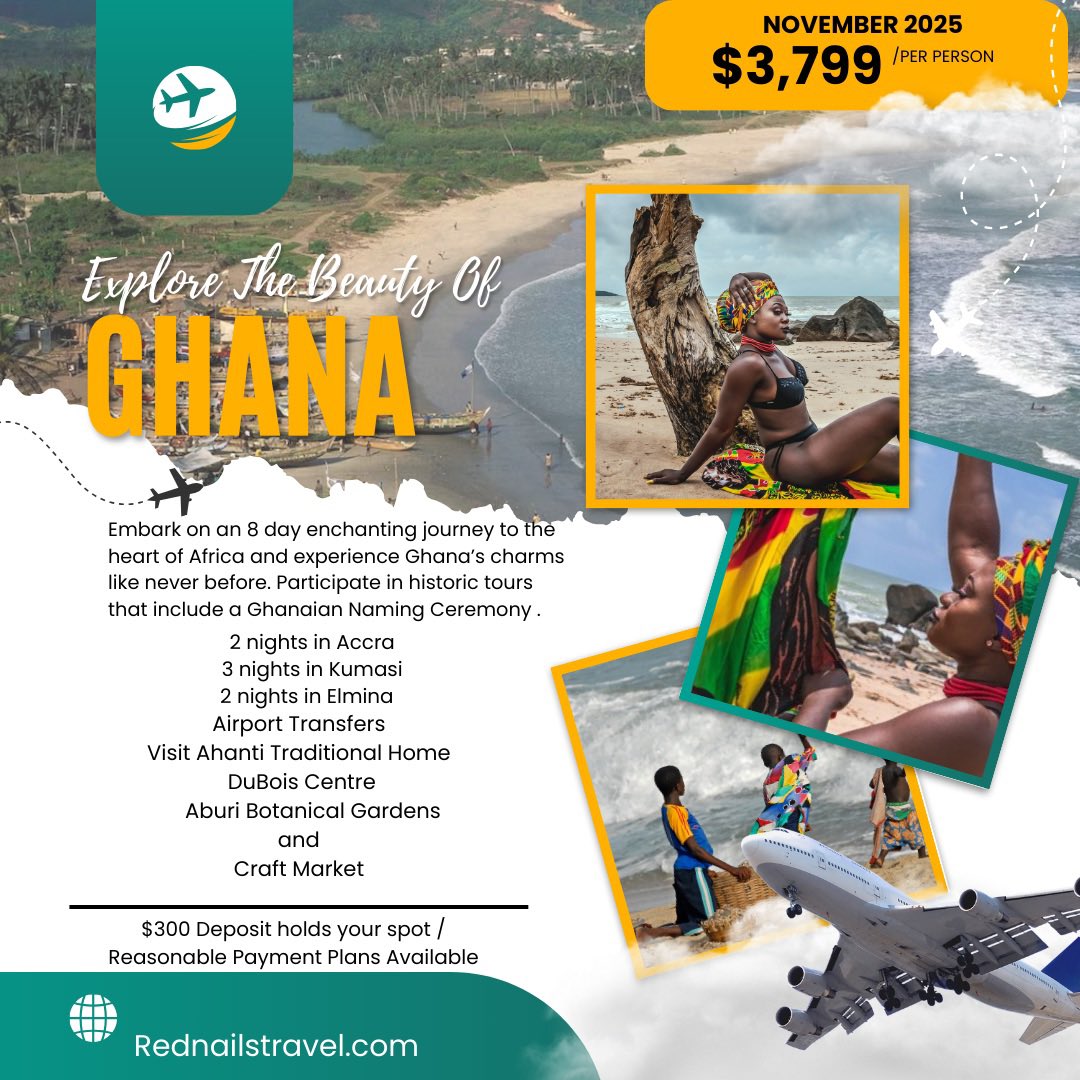 November 2025 is going to be very special. We’ve planned a trip of a lifetime to Ghana Ghana is a country with a rich cultural heritage. You know you don't have to break the bank to enjoy vacation. Reasonable Payment Plans Available 📌Participate in a Ghanaian Naming Ceremony