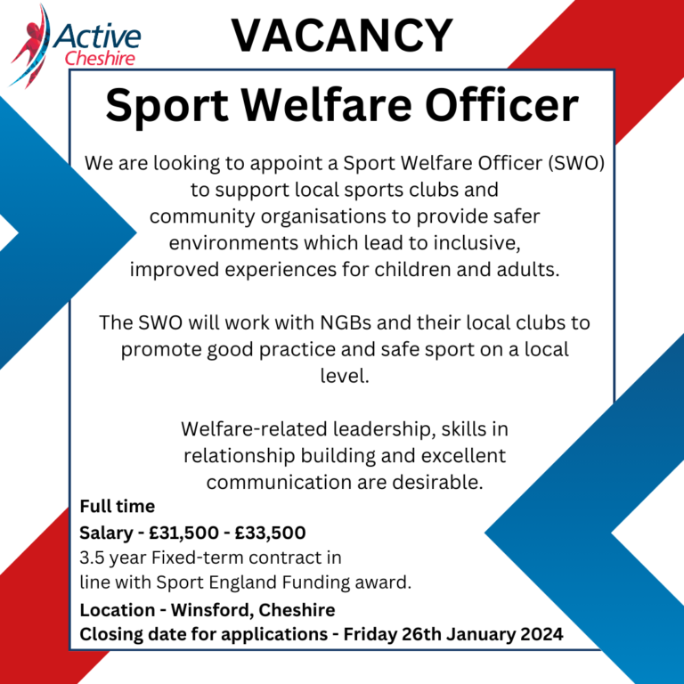 We are @ActiveCheshire recruiting for a new role Sport Welfare Officer. activecheshire.org/careers/sport-… #Cheshire #Safeguarding @CheshireLive @C_MPartnership @YouthFederation @W_Youth_Voice #Pleaseshare