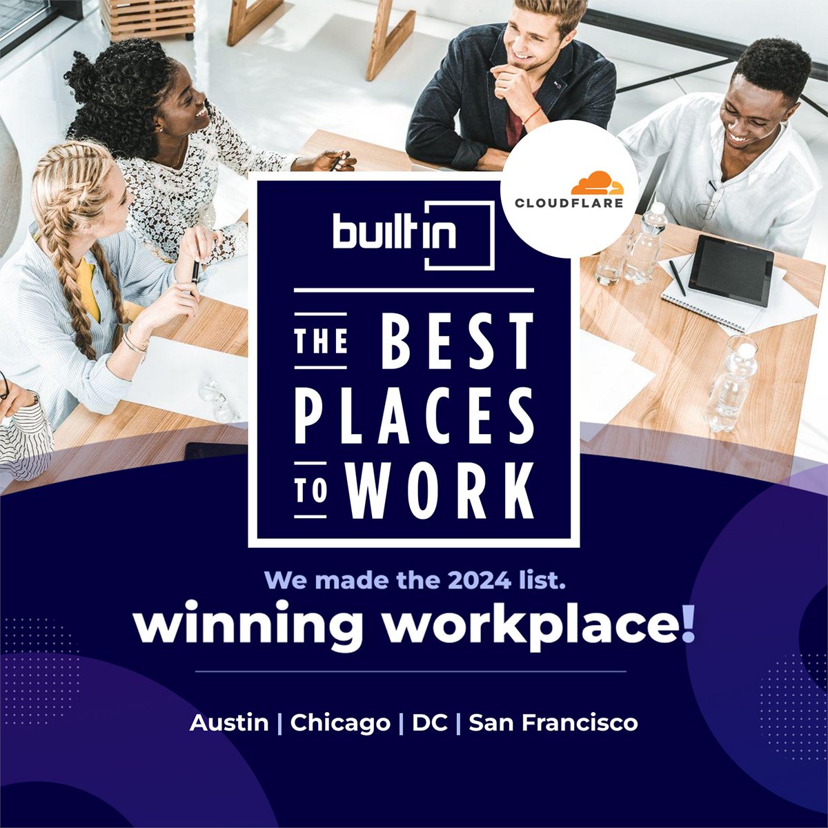 ValSocial's tweet photo. Here’s to a New Year! Grateful to see that Cloudflare has been named one of the 2024 Best Places to Work w/ BuiltIn in Austin, Chicago, DC and San Francisco. We are hiring for in-office, remote and hybrid opportunities across multiple locations - https://t.co/zW0nVoMxVt https://t.co/cnb1r0gvJZ