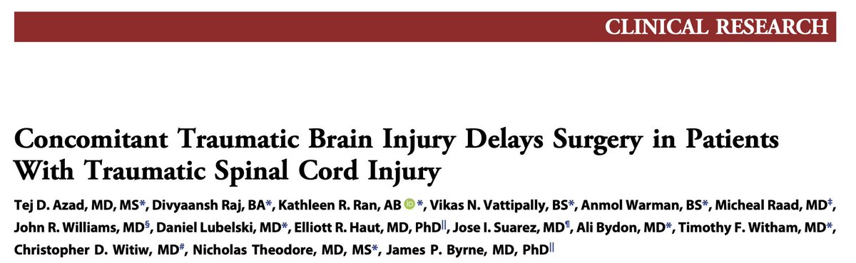 Concomitant TBI delays surgery in tSCI patients — new work in <a href="/NeurosurgeryCNS/">Neurosurgery Publications</a>, collab w/ <a href="/HopkinsNsurg/">Johns Hopkins Neurosurgery</a> <a href="/hopkinssurgery/">Hopkins Surgery</a> <a href="/HopkinsSpine/">Hopkins Neurosurgery Spine</a> <a href="/HopkinsNCCU/">Johns Hopkins Neurosciences Critical Care</a> 

<a href="/DctrJByrne/">James Byrne MD PhD</a> <a href="/DrNTheodore/">Nicholas Theodore,MD</a> <a href="/cwitiw/">Christopher Witiw</a> <a href="/Divyaansh_Raj/">Divyaansh (Divi) Raj</a> <a href="/kathleen_ran/">Kathleen Ran</a> <a href="/elliotthaut/">Elliott R Haut, MD, PhD</a> 

journals.lww.com/neurosurgery/f…