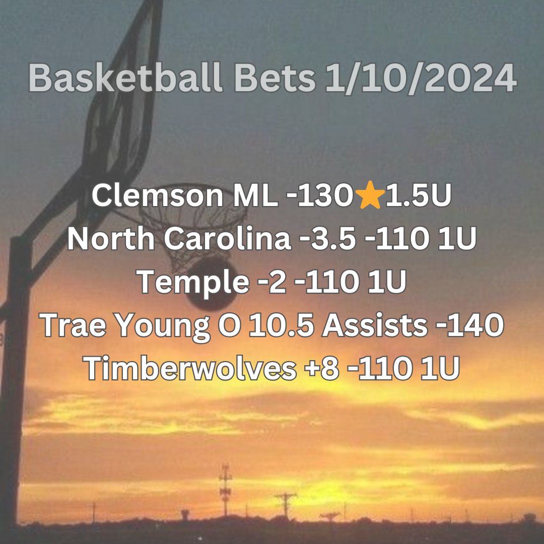 kryptonprobett's tweet image. 🏀Basketball Picks 1/10/2024

Like + repost and i will send you +500 parlay in DM almost 99% sure we are going to hit one today

#NCAAB
Clemson ML -130⭐️1.5U
North Carolina -3.5 -110 1U
Temple -2 -110 1U

#PlayerProps
Trae Young O 10.5 Assists -140 1U

#NBA 
Timberwolves +8 -110