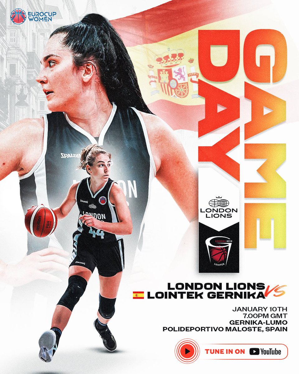 GAME DAY 🦁
We’re in Spain for the first leg of <a href="/EuroCupWomen/">EuroCup Women</a> Round of 16! 👀

🆚 <a href="/GKesb/">Lointek Gernika Bizkaia</a> 🇪🇸
📍 Polideportivo Maloste
⏰ 7:00pm
🔴 Watch live on FIBA YouTube channel:
youtube.com/live/PQYMIaAlH…

#WeAreLondon #EuroCupWomen #HearOurRoar