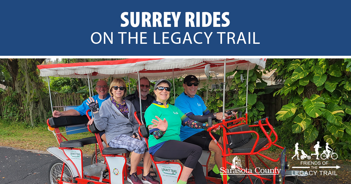 Surrey Rides on The Legacy Trail have officially begun! Care to join us one day this season? Call 941-861-PARK (7275) or visit bit.ly/surreyrides to sign up today. | #SRQCountyParks