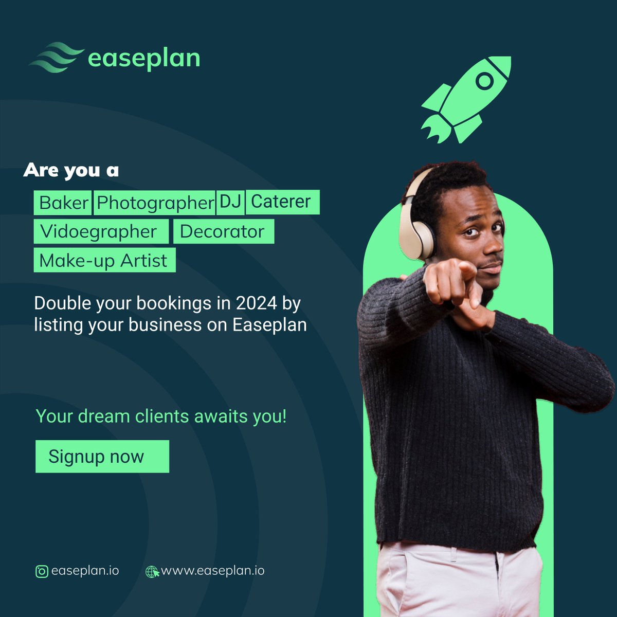 easeplan_team's tweet photo. Are you a baker, DJ, photographer, videographer, caterer, MC, or makeup artist? Double your bookings in 2014 by listing your business on Easeplan. Make it easier for your dream clients to find and hire your services.

#easeplan #weddingsinportharcourt
#weddingsinph https://t.co/ObVGICvx3G