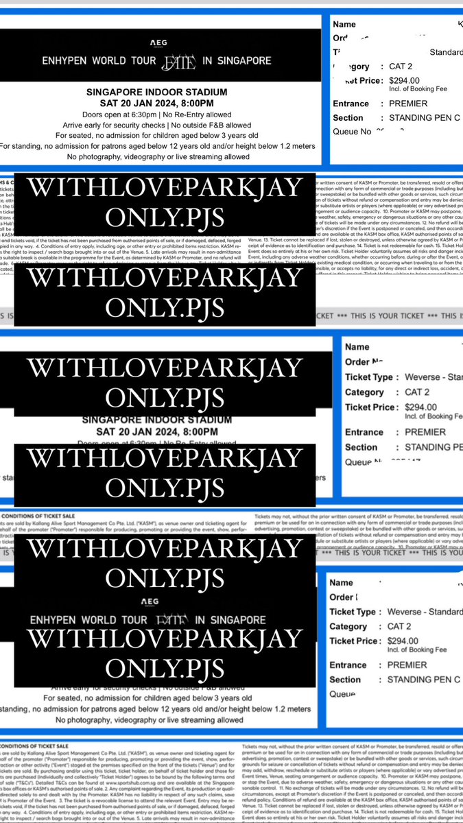 withloveparkjay's tweet photo. (WANT TO SELL)

ENHYPEN FATE IN SINGAPORE 🇸🇬 
CAT 2 Day 1 20 Jan 2024 : Standing Pen C
Selling for $288 per tix!  
x3 tickets available 
(will give disc if purchase more 2/3 tix)

QN : 0054xx (side by side all 3 tix) 

(find proofs on Instagram @only.pjs)
 #FATE_IN_SINGAPORE https://t.co/a5ltAFDtLf
