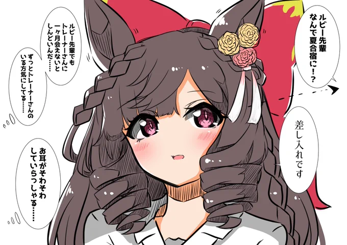 チームの夏合宿に差し入れに来たルビー先輩。
今回から先輩は参加しておらず、一ヶ月ぶりに会ったトレーナーさんとはその後いつも通り会話をしていたが、最初にトレーナーさんの姿を見つけた瞬間だけは流石に少し嬉しそうだった。 