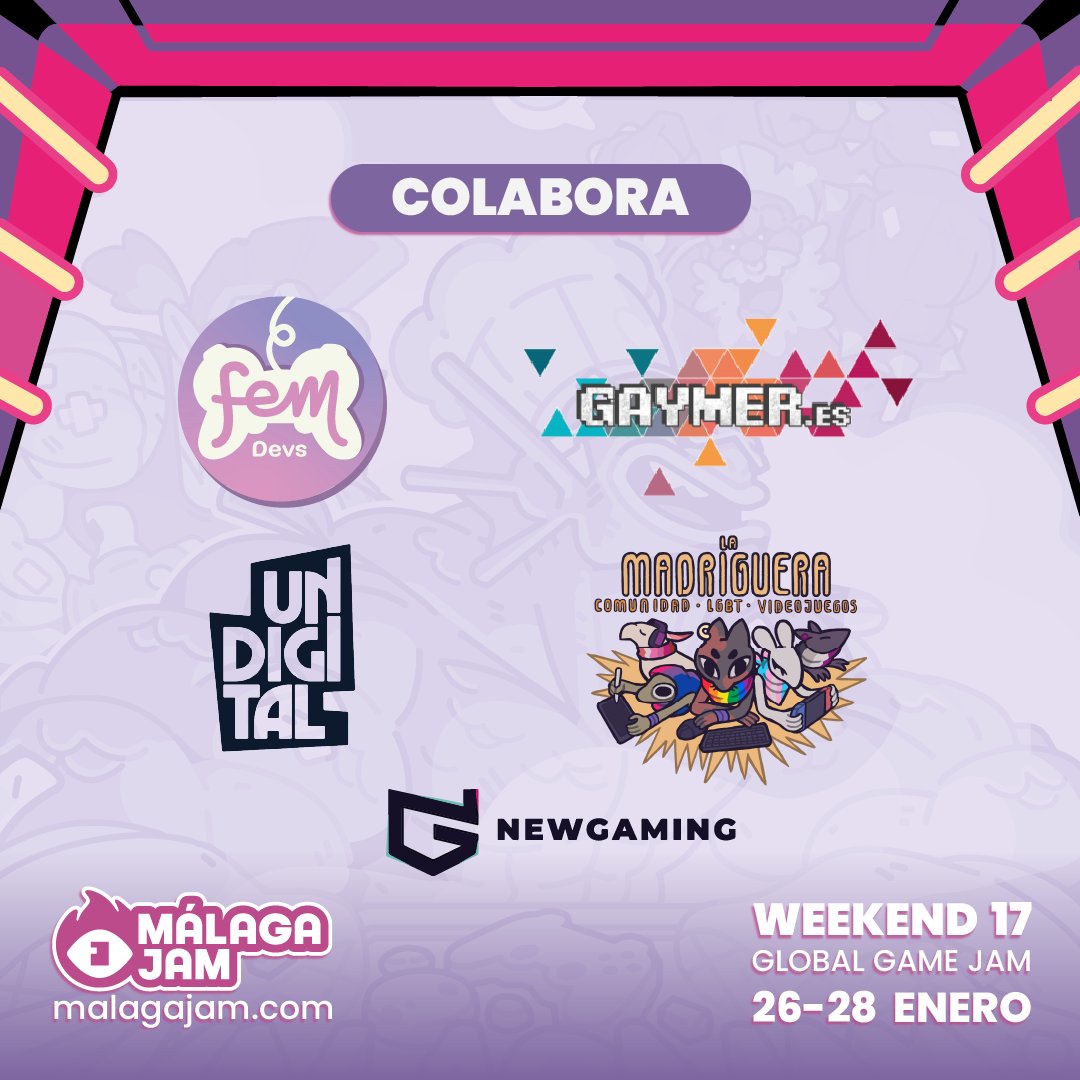 <a href="/Fycma/">Fycma</a> <a href="/PoloDigitalMLG/">Polo Nacional de Contenidos Digitales</a> <a href="/fundacionTef/">Fundación Telefónica</a> <a href="/Deconstructeam/">Deconstructeam</a> <a href="/AxesInMotion/">Axes In Motion</a> <a href="/FPvideojuegos/">Máster FP Videojuegos y VR Polo Digital</a> <a href="/VideojuegosUMA/">MasterVideojuegosUMA</a> <a href="/OddersLab/">OddersLab ✨Les Mills BODYCOMBAT Out Now on PSVR2</a> <a href="/TheGameKitchen/">The Game Kitchen</a> <a href="/devolverdigital/">Devolver Digital</a> y amigues que colaboran con la organización durante la jam!! os amo

<a href="/Madriguera_lgbt/">La Madriguera LGBT+</a> y <a href="/Undigitalatelie/">Undigital➡️ The Stone of Madness - Dicefall</a> se estrenan en esta edición, que ilu 😳❤️