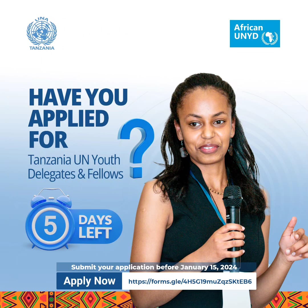 Tick tock ⏳️

The clock is ticking, It is time to finalise and submit your application for the Tanzania UN Youth Delegates & Fellows.

Apllication 🔗: forms.gle/4H5G19muZqzSKt…

Deadline 🛑:15th January 2024

#AUNYDTz
#AUNYD2024