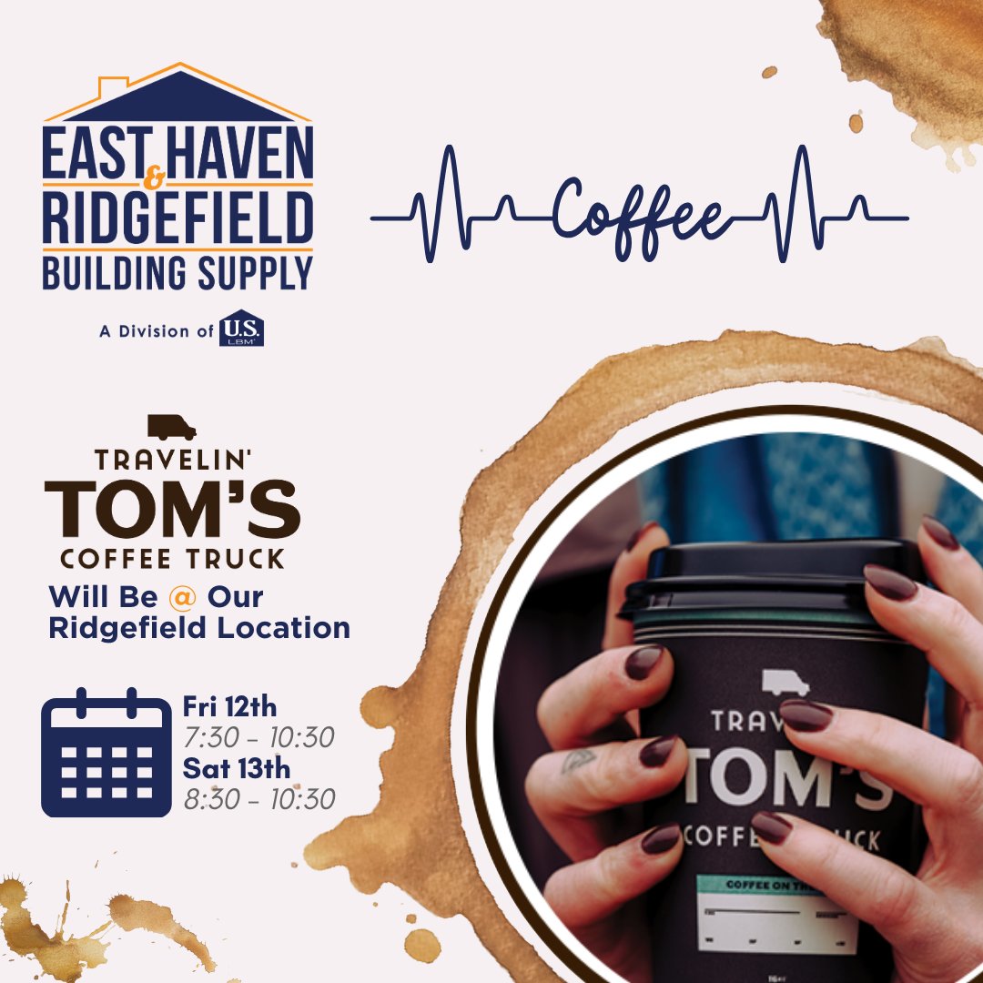 Missed out on @travelin_toms? Worry no more; a new date has been added to satisfy your coffee needs. The coffee truck will be at our Ridgefield location Friday, Jan 12th from 7:30am to 10:30am, along with Saturday, Jan 13th 8:30am to 10:30am

#EHRbuildingsupply #RidgefieldCT