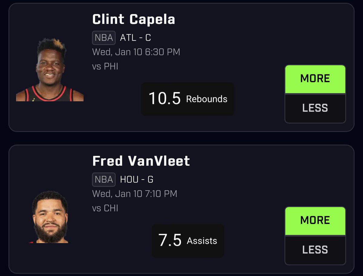 PrecisionPlayzD's tweet photo. 🏀 NBA FreePlays 1/10/24 🏀

• Clint Capela o10.5 REBs 
• Fred VanVleet o7.5 AST (@PropPlayz)

No Joel tonight, should be in great position to clean the glass.

Fred: Averages 9 ast on the road, while averaging 16 potentials.

❤️ &amp; ♻️

#GamblingX #NBAX  #PlayerProps #PrizePicks https://t.co/xUzCaXXzAB