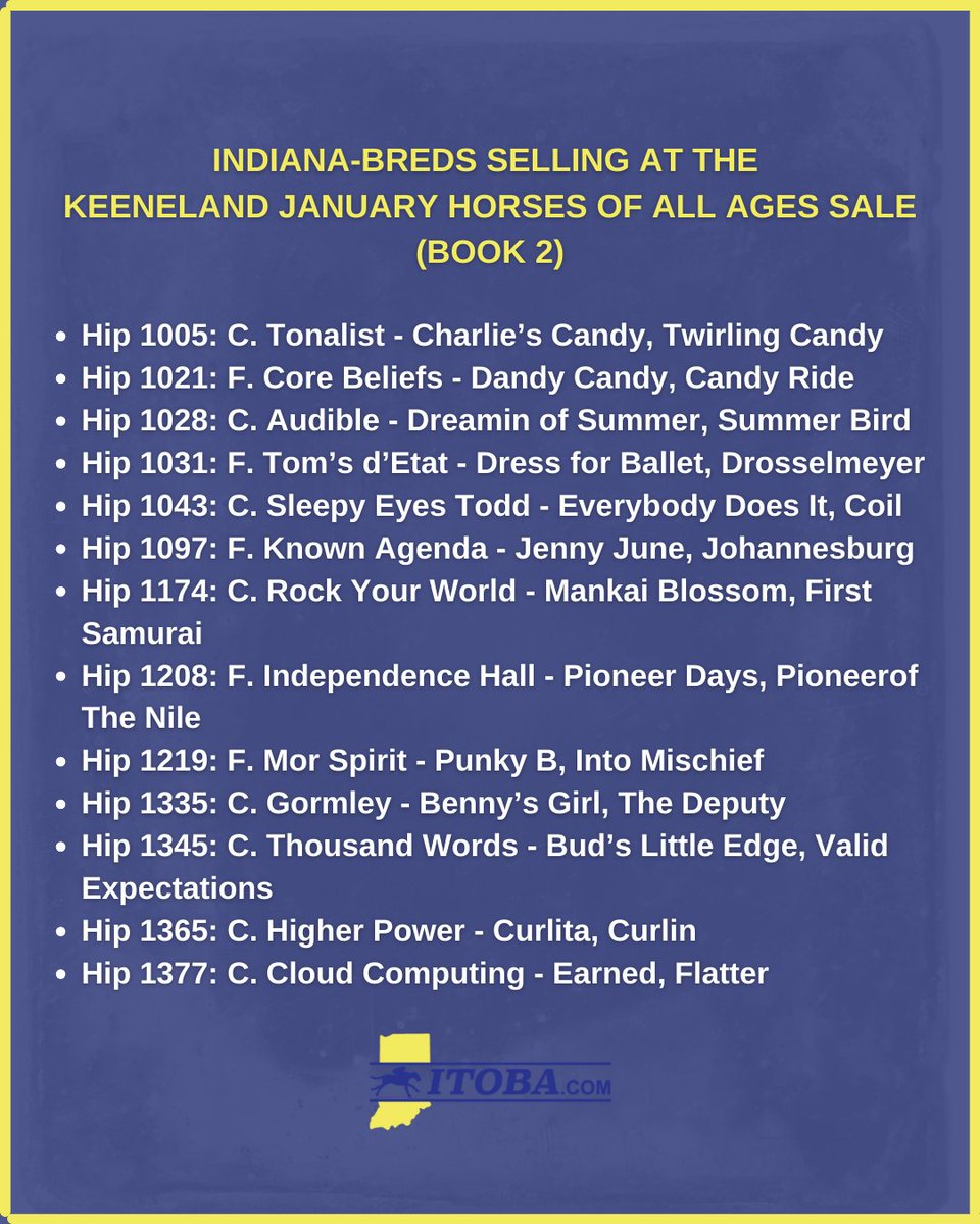 TOBAIndiana's tweet photo. There is a very nice group of Indiana-breds in Book 2 at the Keeneland January Horses of All Ages Sale. Best of luck to all breeders and consigners!
#horseracing #thoroughbred #racehorse #keeneland #KeeJan #indbred #indsired https://t.co/KXKPWqHTui