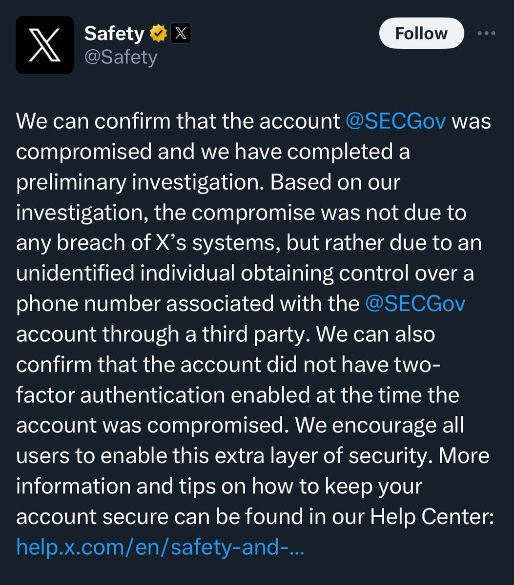 BtcPongo's tweet photo. The most crazy part is that the #SEC didn't have two factor authenticator running. At first I thought it could have been an exidental or internal post.

Now also confirmed by the SEC that it was NOT from inside.

#BitcoinETF #Bitcoin #BTC https://t.co/2Q96sGBEjL
