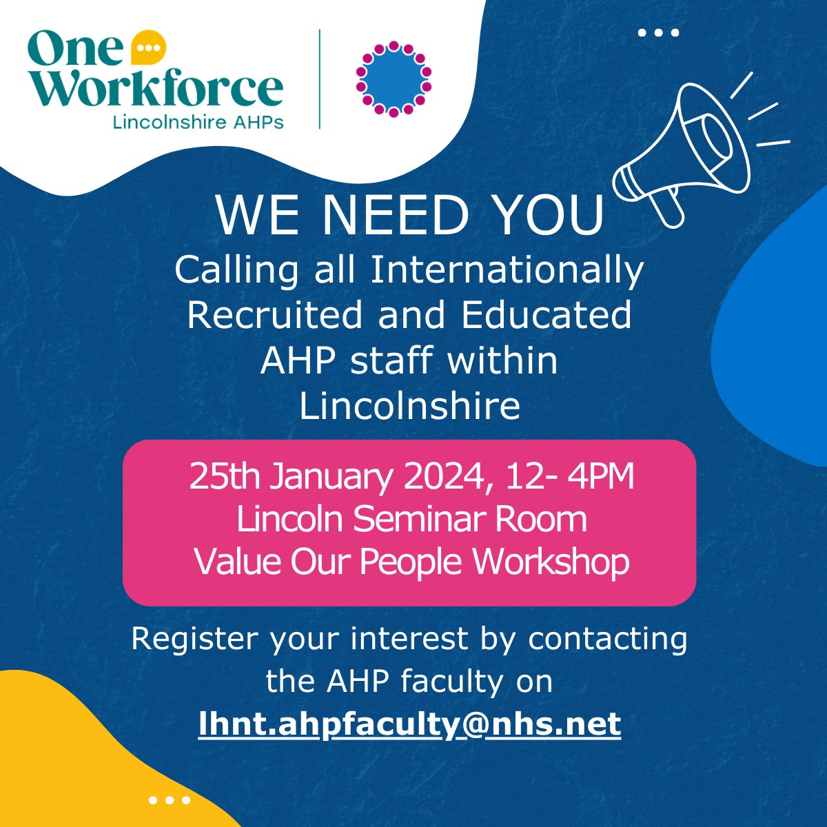 Lincolnshire AHP Faculty (@ahpfacultylincs) on Twitter photo Calling all internationally Recruited and Educated AHP staff within Lincolnshire. If you are interested in joining the 'Value our People' Workshop on the 25th of January 2024 between 12-4pm, please email the AHP Faculty at lhnt.ahpfaculty@nhs.net for further details. Calling all internationally Recruited and Educated AHP staff within Lincolnshire. If you are interested in joining the 'Value our People' Workshop on the 25th of January 2024 between 12-4pm, please email the AHP Faculty at lhnt.ahpfaculty@nhs.net for further details.